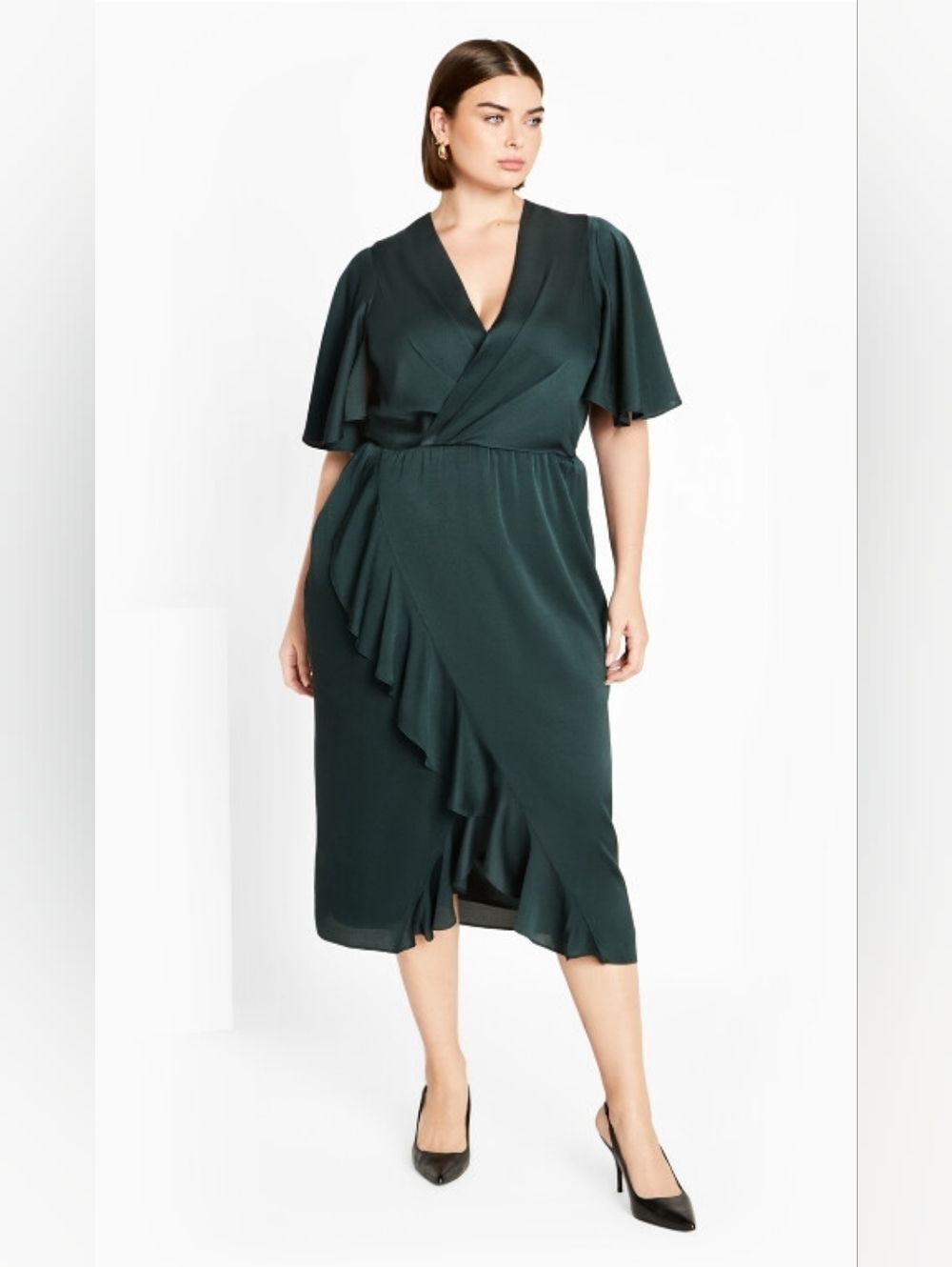City Chic Soft Ruffle Dress Emerald Green XL 22 Flutter Sleeves